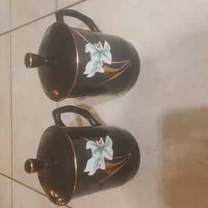 Vintage Asian Floral Black Mugs Gold Trim with Lid Set of 2